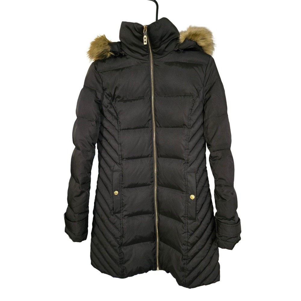 Kenneth Cole Womens Sz Small Quilted Puffer Down Parka Coat Faux Fur Trim Hood